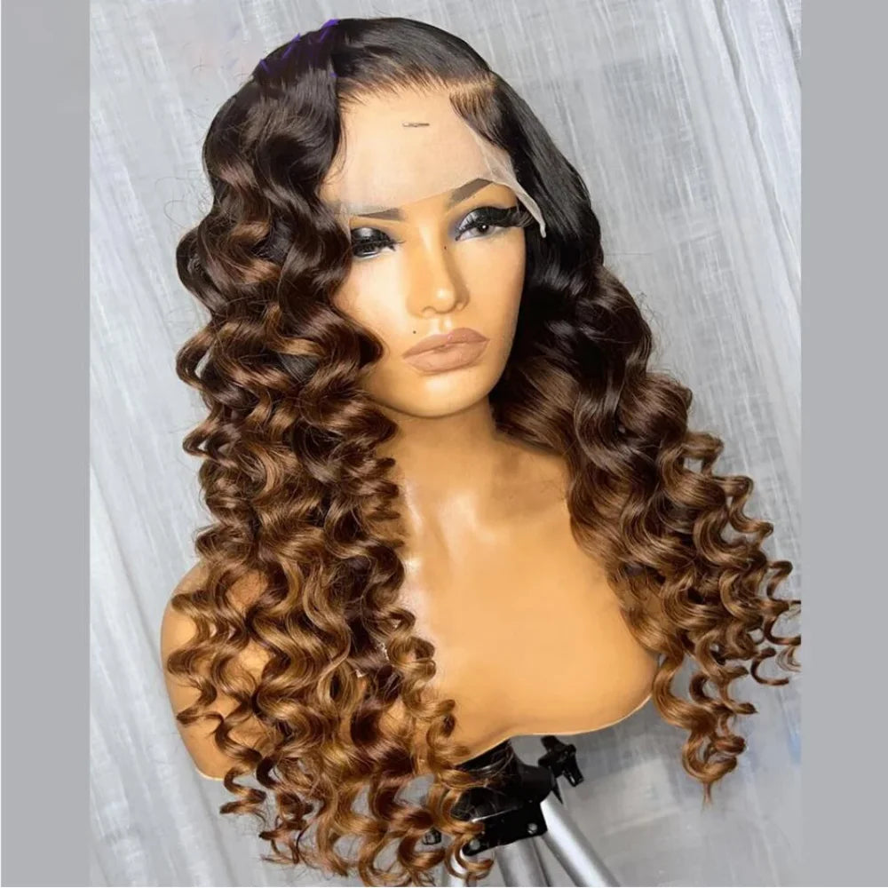 180 Density Soft Ombre Brown Guleless 26inch Kinky Curly HD Lace Front Wig Long Preplucked For Women With BabyHair Natural