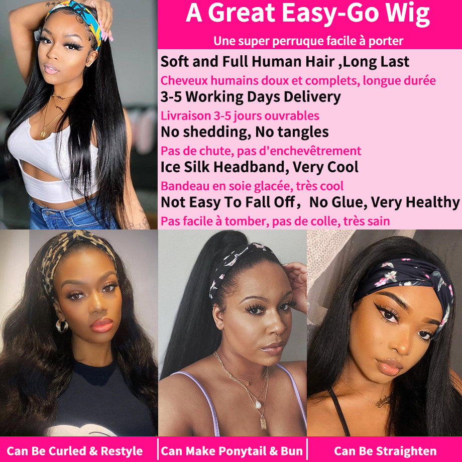 Human Hair No Lace Headband Wig – Natural Look, Comfortable Fit, Easy to Wear, Adjustable Headband Style, Perfect for Daily Use and Styling