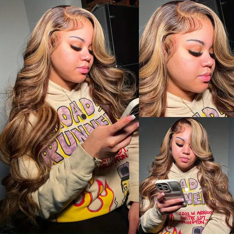 Fashion Piano Color Highlight Big Wave Long Curly Hair Front Lace Wig 13x4 Lace Closure