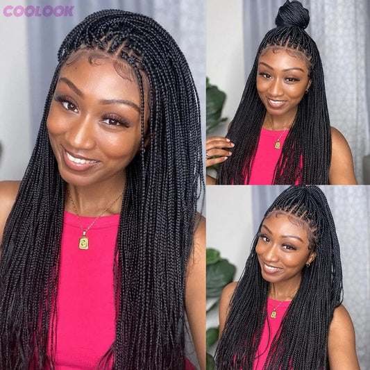 Cornrows Braided Wig with Small Square Knotless Box Braids, Synthetic 36-Inch Long Hair, Baby Hair, Ideal for Black Women