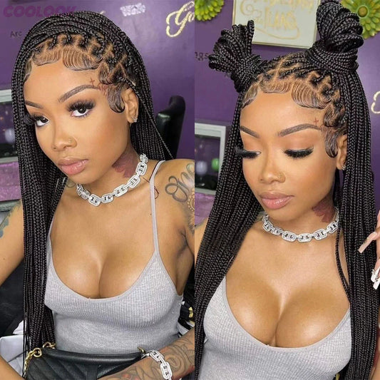 Cornrows Braided Wig with Small Square Knotless Box Braids, Synthetic 36-Inch Long Hair, Baby Hair, Ideal for Black Women