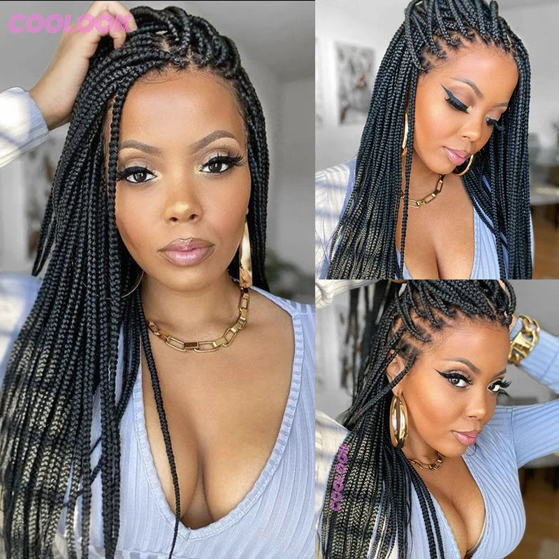 Cornrows Braided Wig with Small Square Knotless Box Braids, Synthetic 36-Inch Long Hair, Baby Hair, Ideal for Black Women
