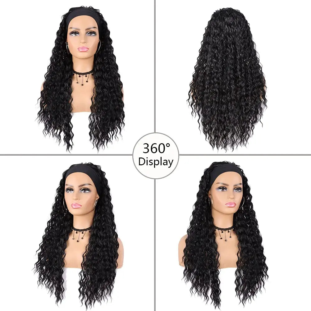 Synthetic Headband Wigs for Black Women Wet and Wavy Long Curly Wave Wigs Glueless Heat Resistant for Daily Party Use (24 inch)