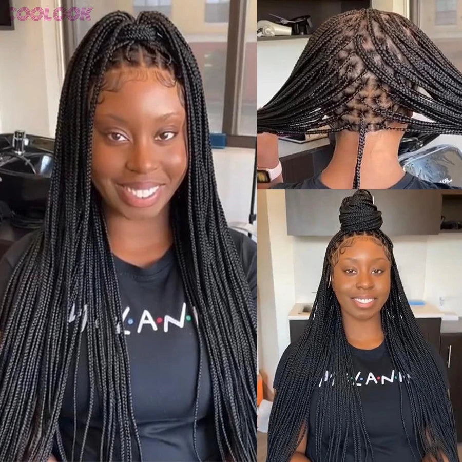 Cornrows Braided Wig with Small Square Knotless Box Braids, Synthetic 36-Inch Long Hair, Baby Hair, Ideal for Black Women