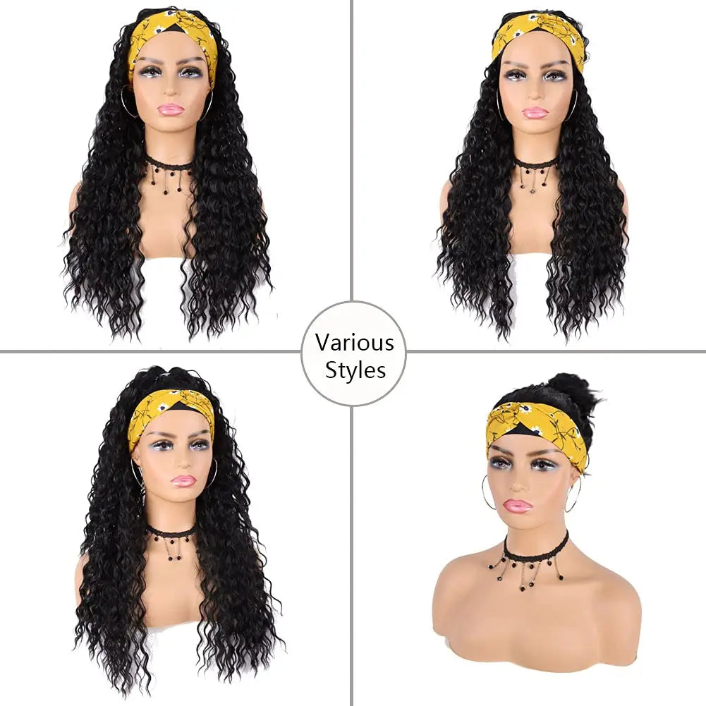 Synthetic Headband Wigs for Black Women Wet and Wavy Long Curly Wave Wigs Glueless Heat Resistant for Daily Party Use (24 inch)