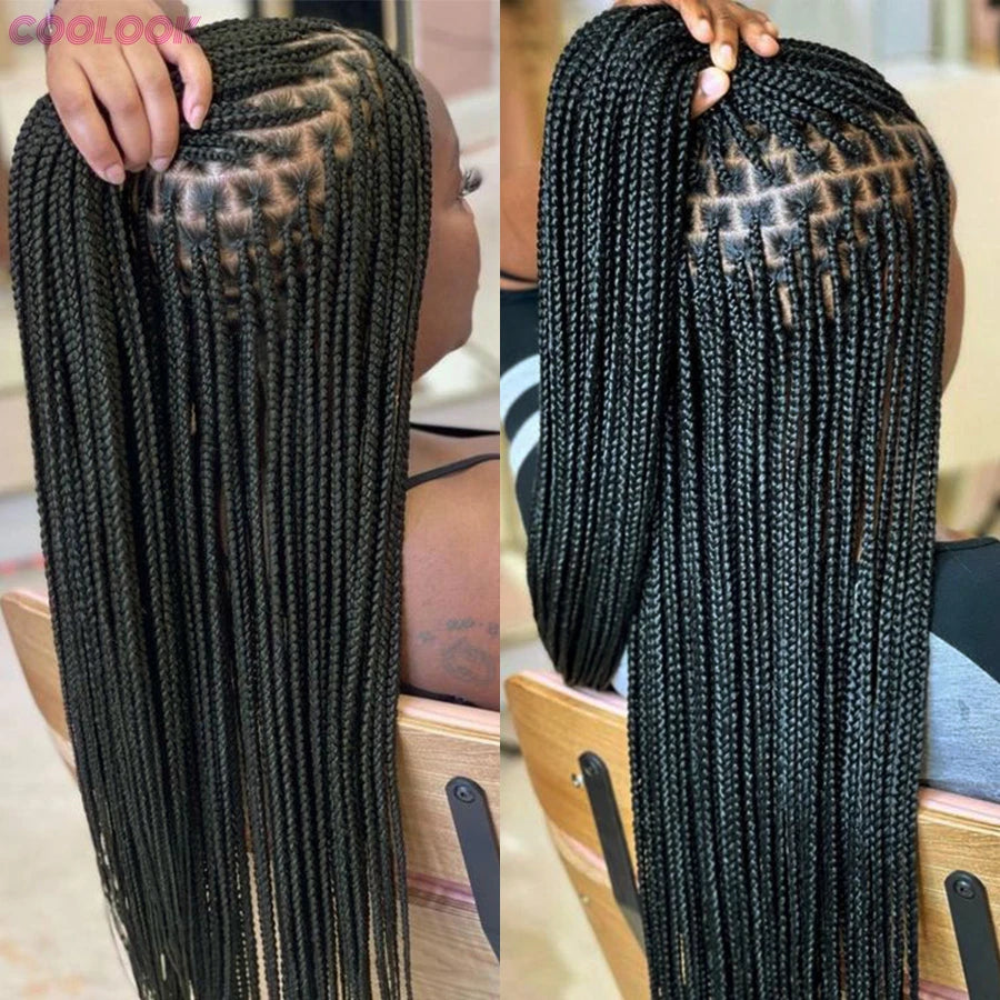 Cornrows Braided Wig with Small Square Knotless Box Braids, Synthetic 36-Inch Long Hair, Baby Hair, Ideal for Black Women