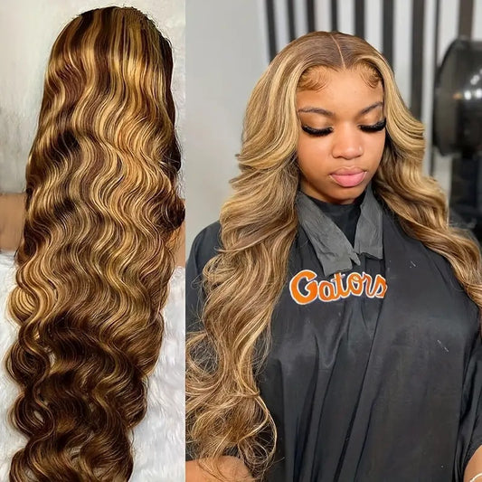 Fashion Piano Color Highlight Big Wave Long Curly Hair Front Lace Wig 13x4 Lace Closure